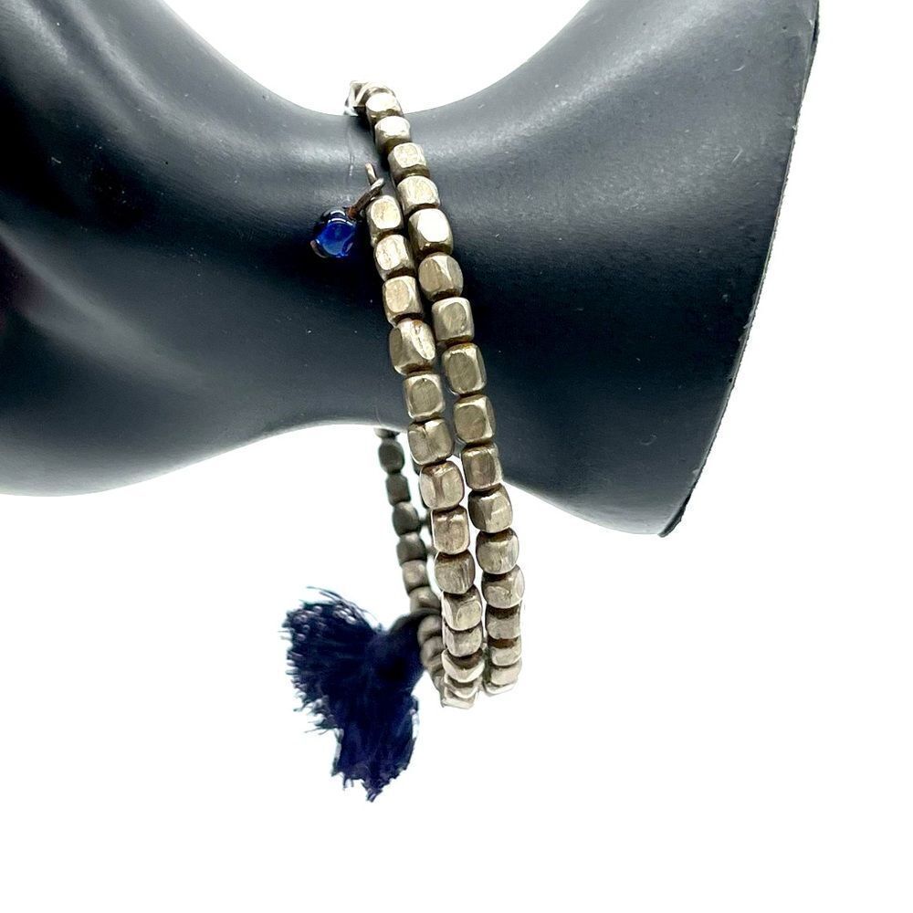 Coil Wrap Metal Bracelet with Tassel decor Silver Tone